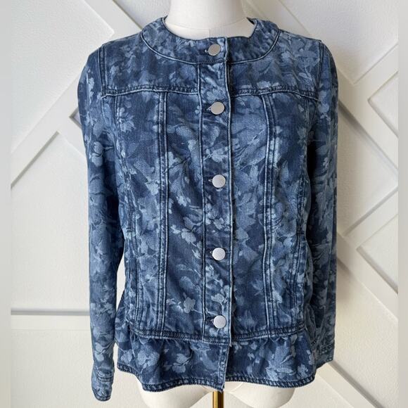 Chico’s Floral Denim Button Front Ruffle Hem Jacket 100% Lyocell Size 0 Small - Picture 1 of 12